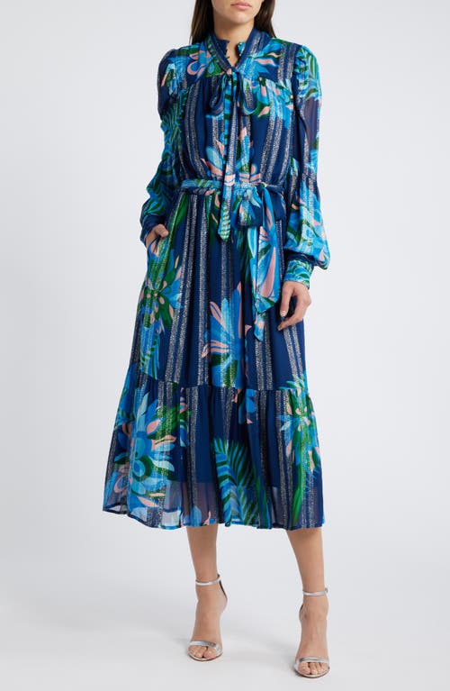 Shop Ciebon Adele Metallic Long Sleeve Midi Dress In Blue Multi