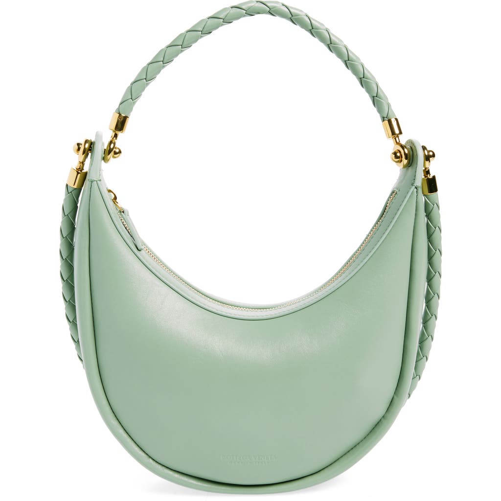 Shop Bottega Veneta Hoop Leather Hobo Bag In 3401 New Sauge-m Brass