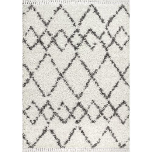 Jonathan Y Mercer Shag Plush Tassel Moroccan Geometric Trellis Area Rug In Ivory/gray