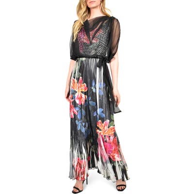 Komarov Floral Charmeuse & Chiffon Maxi Dress With Popover, Black
