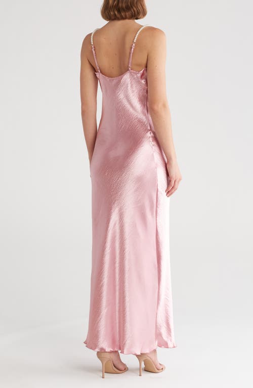 Shop Bebe Imitation Pearl Strap Hammered Satin Maxi Slipdress In Rose