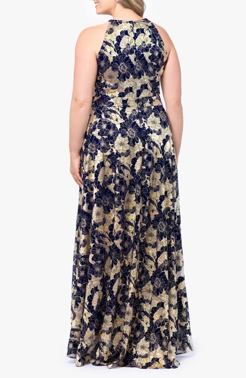 Shop Betsy & Adam Metallic Floral Gown In Navy/gold