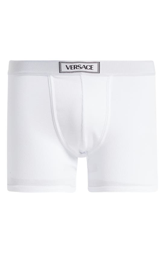 Shop Versace '90s Logo Cotton Rib Trunks In Optical White