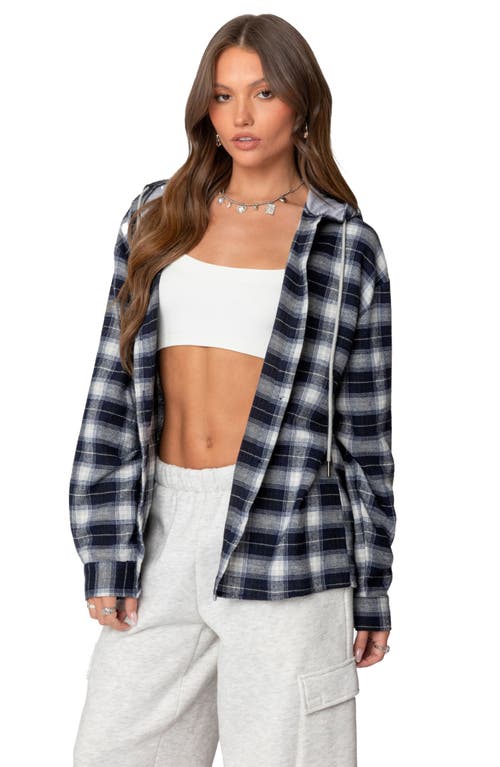 Shop Edikted Plaid Cotton Blend Flannel Button-up Hoodie In Navy