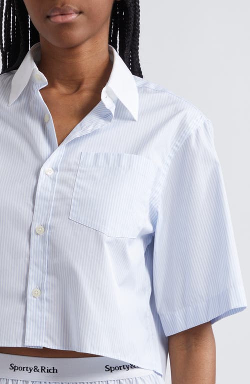 Shop Sporty And Rich Sporty & Rich Embroidered Crop Shirt In White/light Blue Stripe