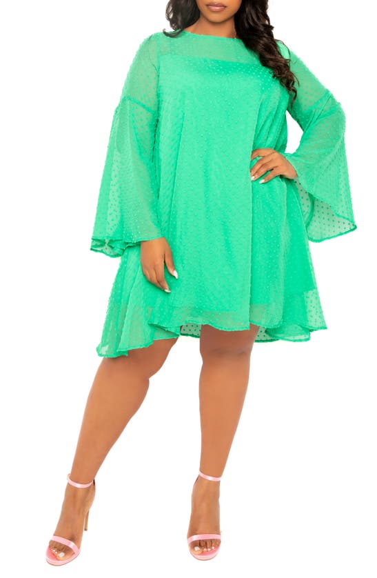 Shop Buxom Couture Swiss Dot Long Sleeve Chiffon Shift Dress In Green