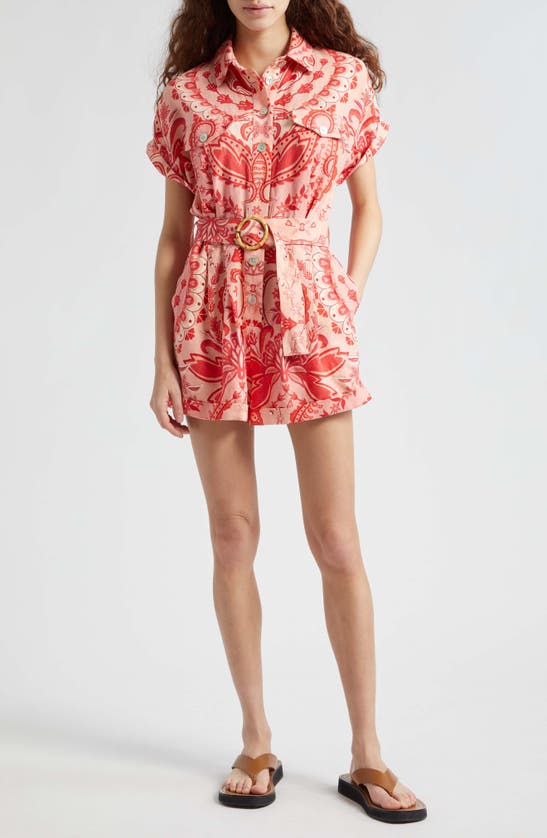 Farm Rio Jaipur Belted Linen Romper In Red