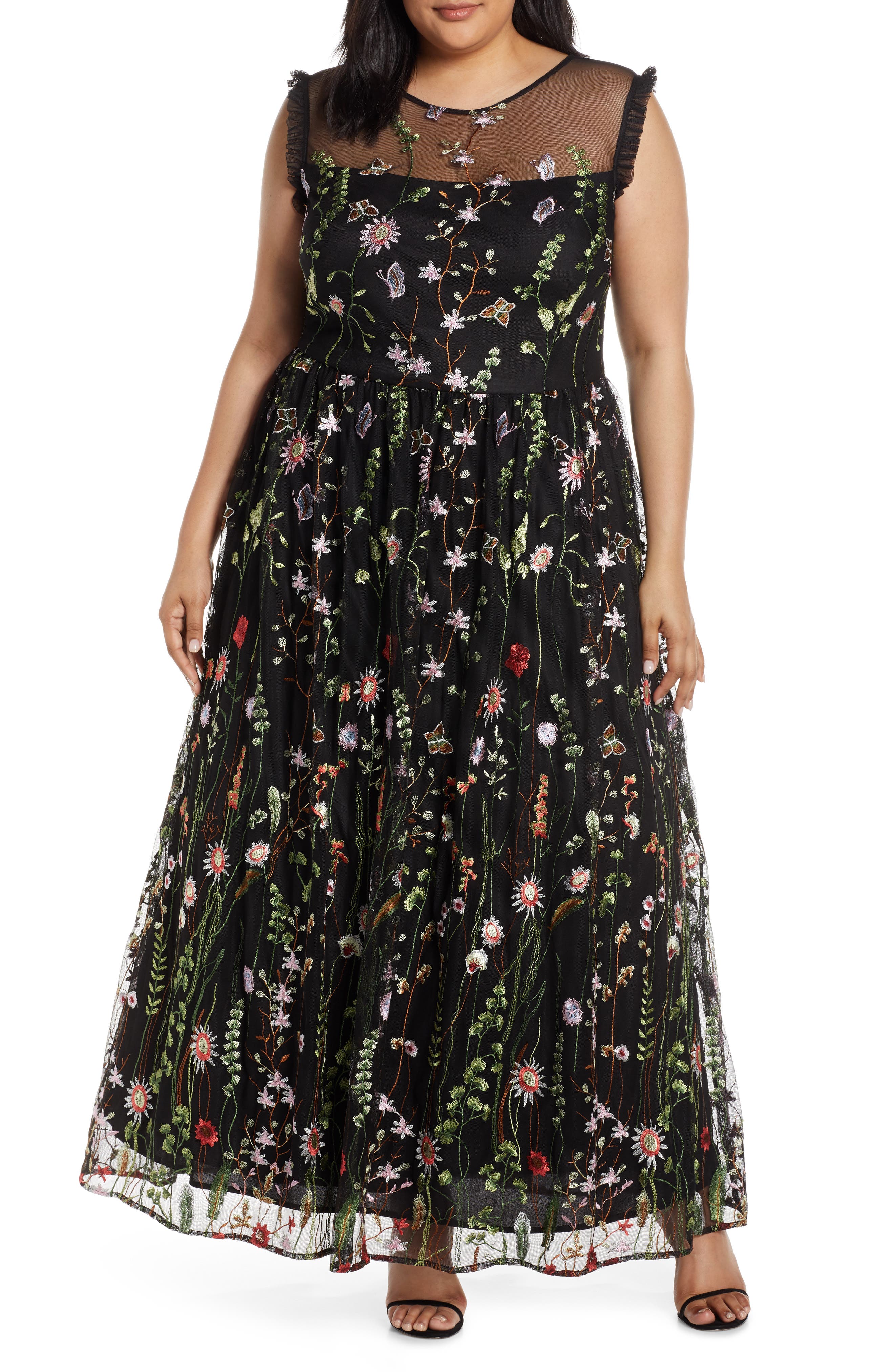 morgan & co embroidered mesh evening dress