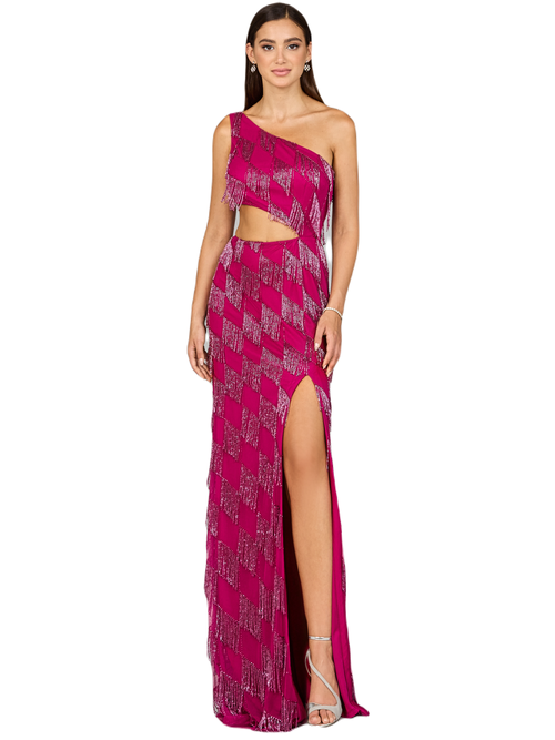 Shop Lara New York One Shoulder Fringe Gown In Raspberry