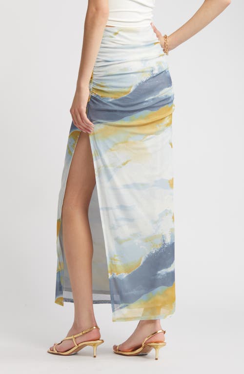 Shop Open Edit Ruched Side Slit Mesh Maxi Skirt In Blue Skyscape