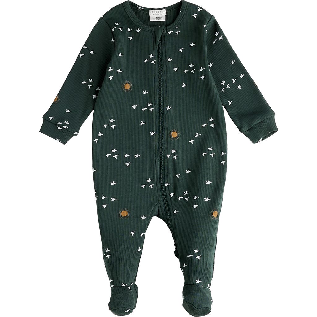 FIRSTS by Petit Lem Print One Piece Organic Cotton Rib Footie Pajamas in Turquoise