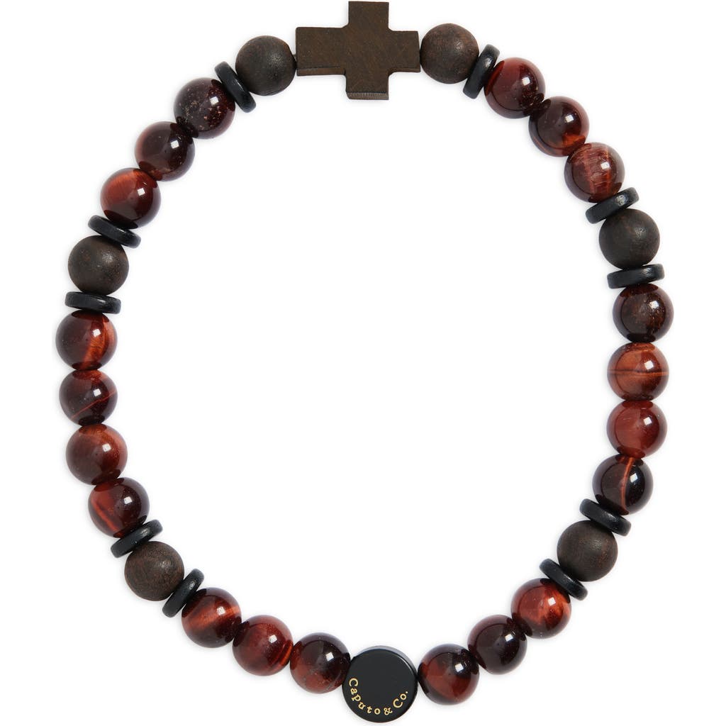 Caputo & Co Azabache Cross Beaded Stretch Bracelet In Red Tiger Eye