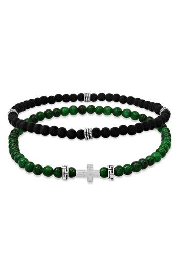Hmy Jewelry Set Of 2 Sterling Silver Jade & Lava Stone Beaded Stretch Bracelets In Silver/green/black