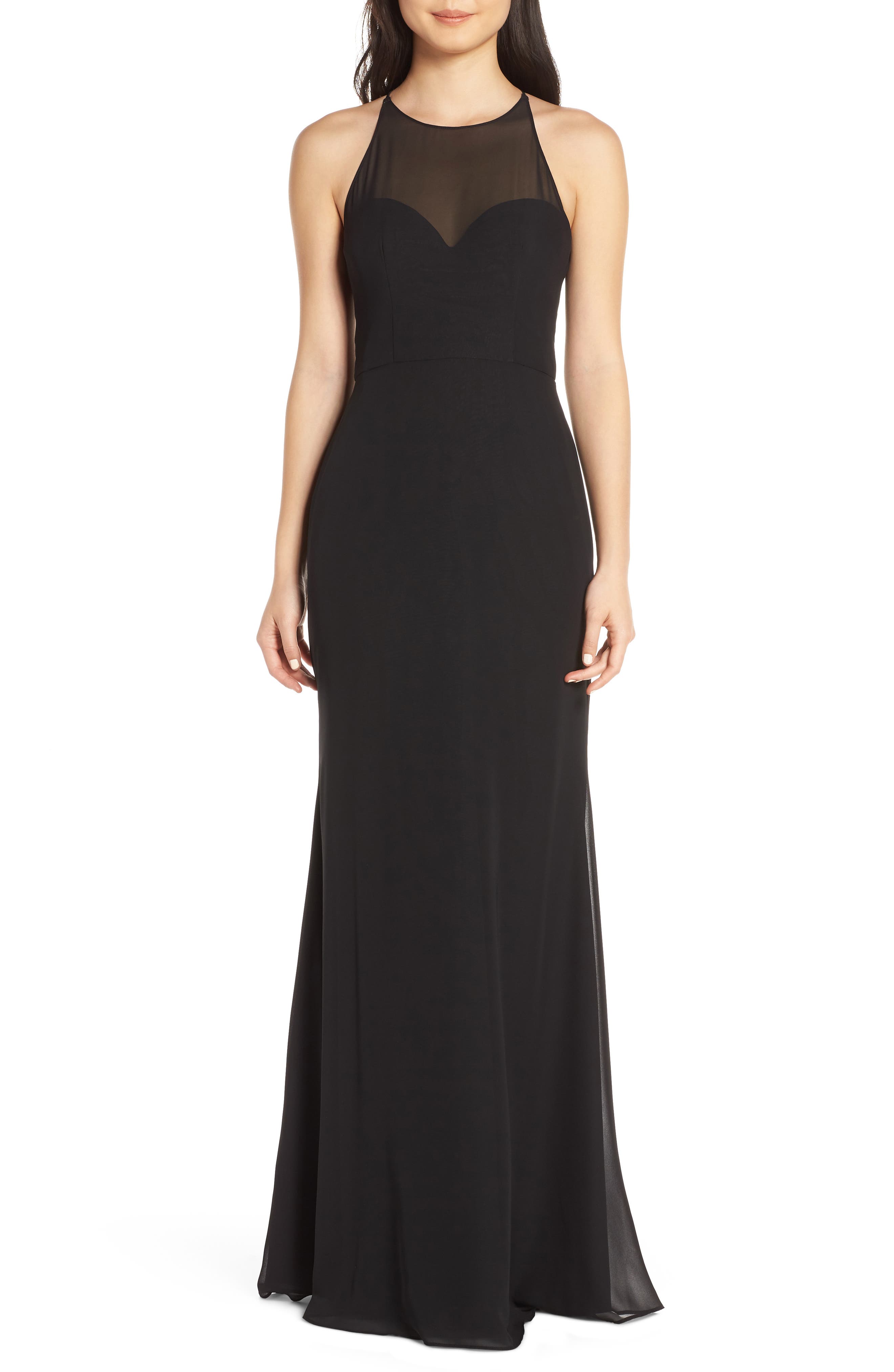 Hayley Paige Occasions Sheer Racerback Chiffon Evening Dress, Black