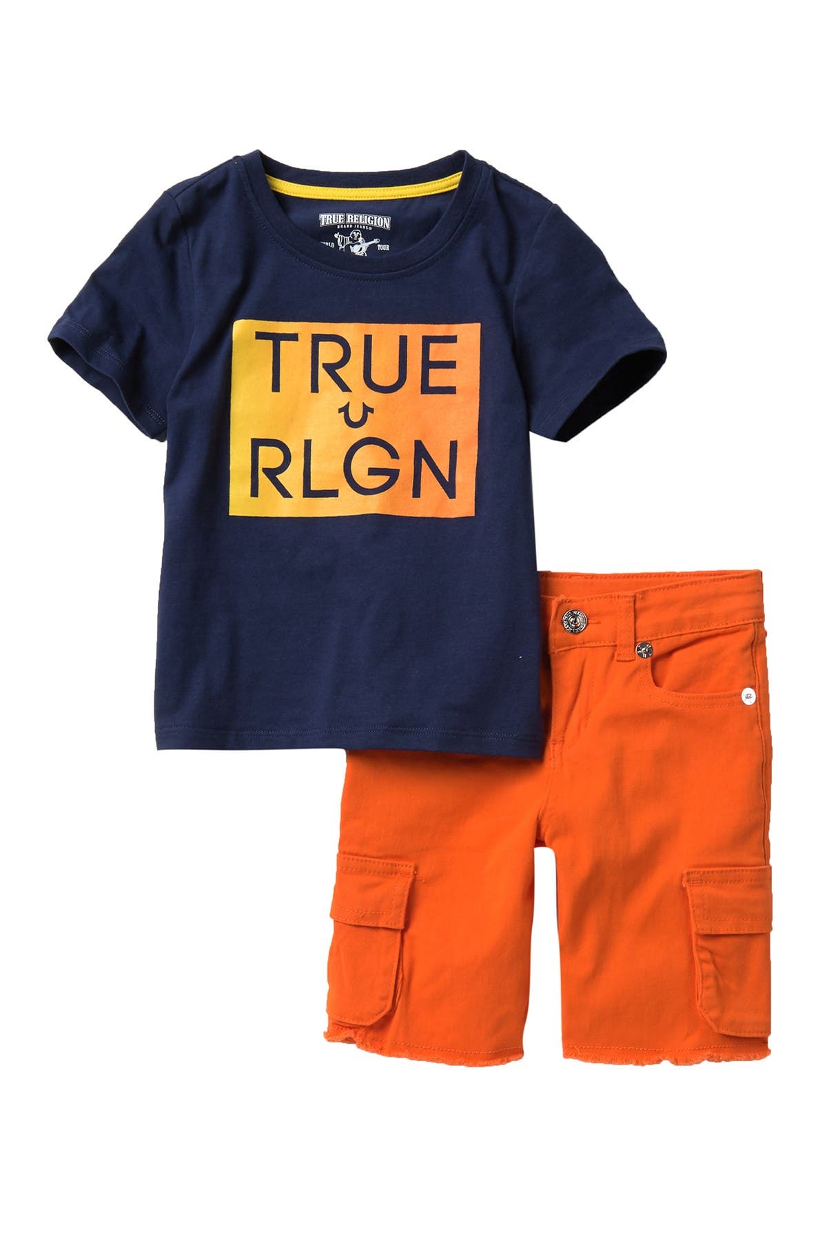 orange true religion shorts