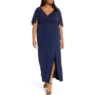 Plus Size Alex Evenings Glitter Print Cape Gown, Blue