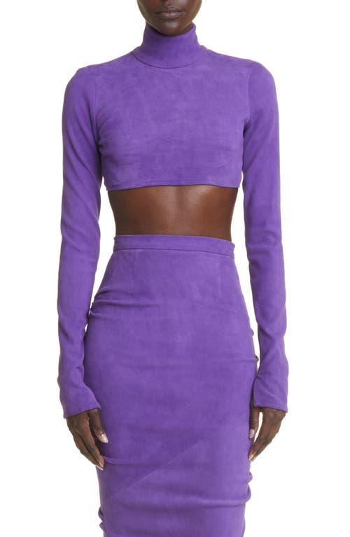 Mock Neck Long Sleeve Suede Crop Top in Grape