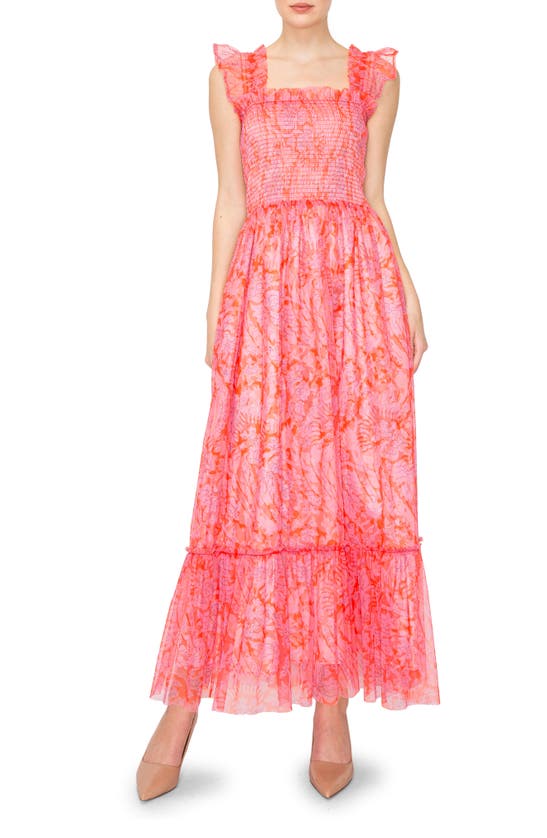 Melloday Ruffle Smocked Sleeveless Midi Dress In Coral Multi