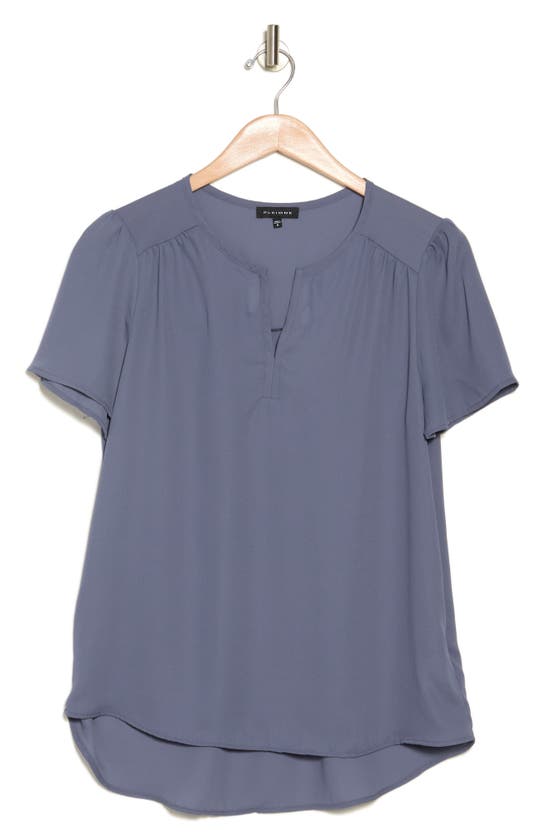 Pleione Updated Notch Neck High-low Tunic Top In Dusty Blue
