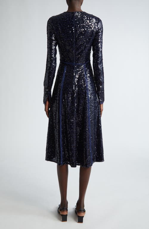 Shop Erdem Sequin Long Sleeve Midi Cocktail Dress In Navy