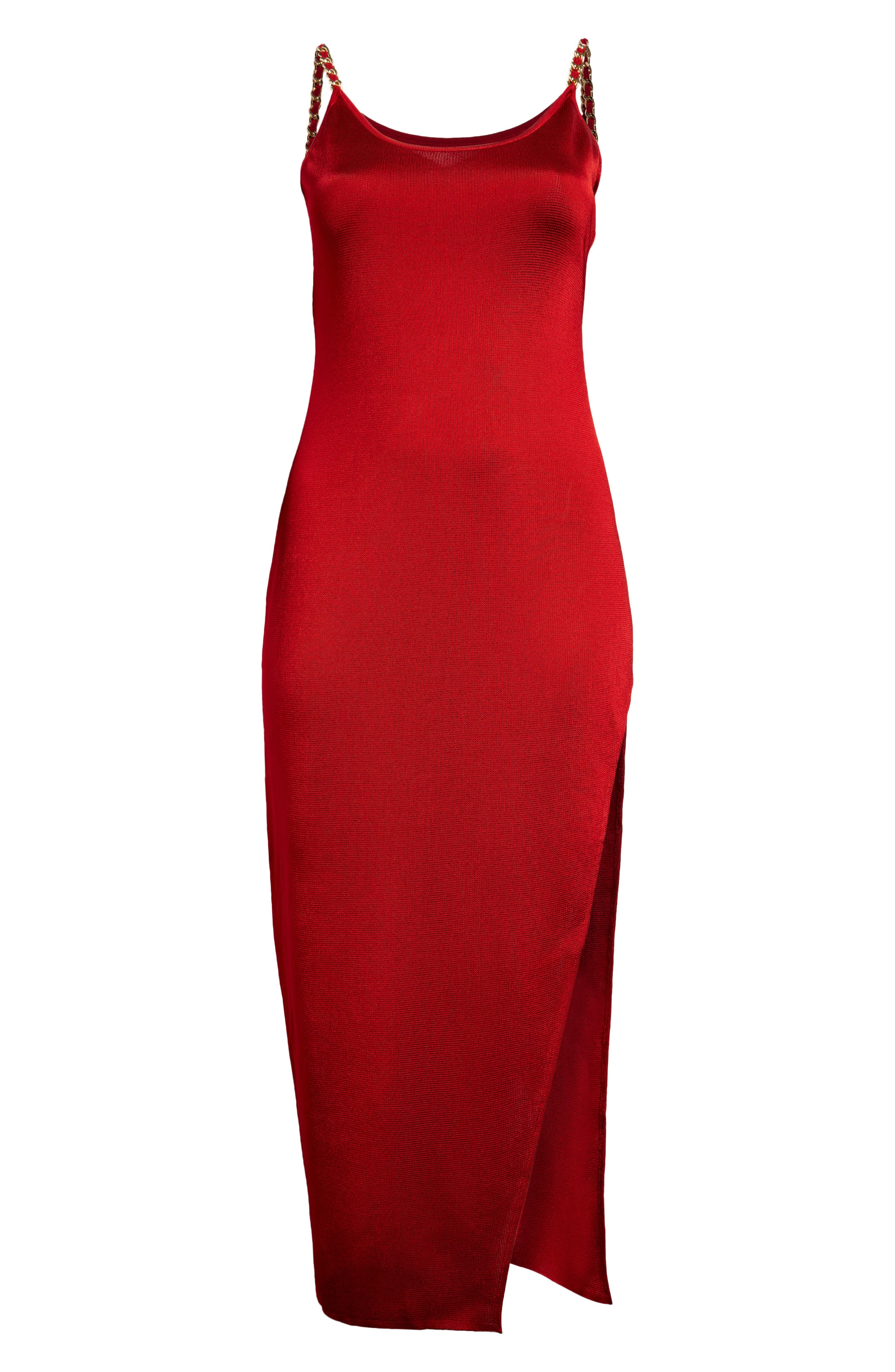 Balmain Chain Strap Asymmetric Slit Knit Dress in 3Bx Rouge 3Bx