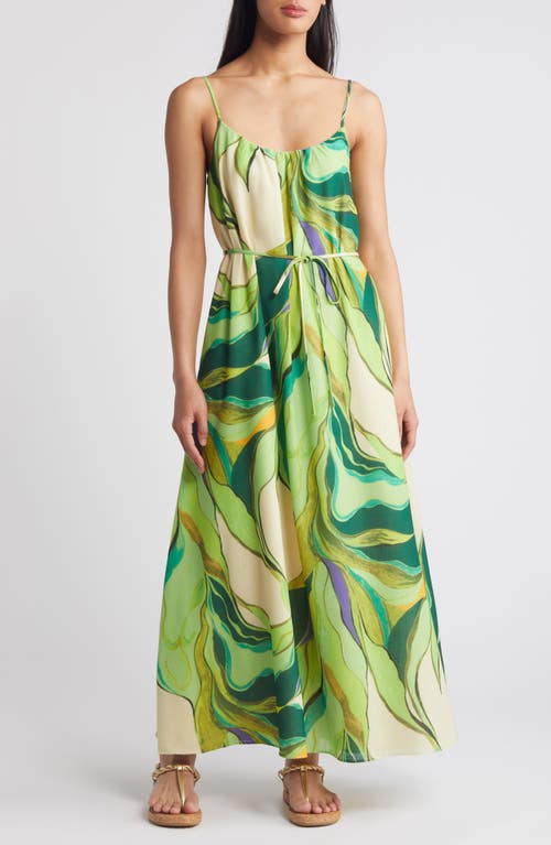 Painted Palm Tie Waist Trapeze Dress in Green Multi