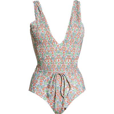 Tory Burch Print Smocked One-Piece Swimsuit