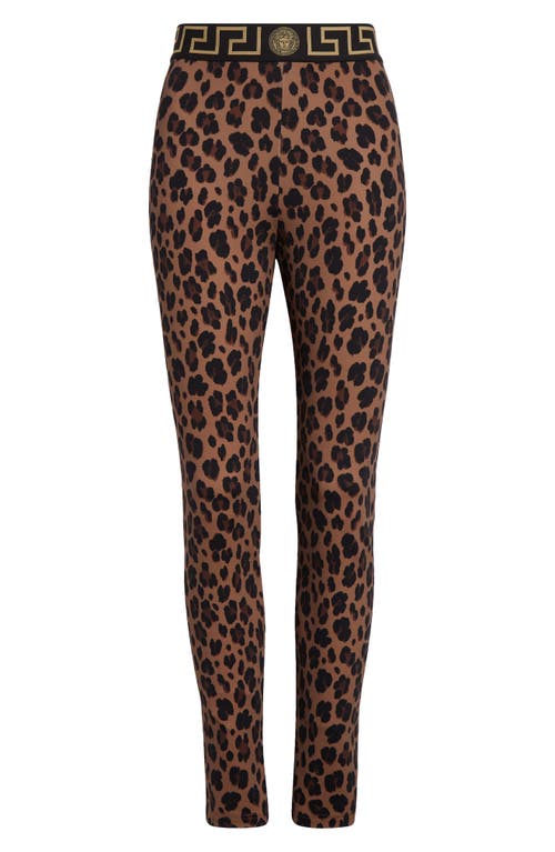 Shop Versace Greca Logo Leopard Print Leggings In Chestnut Gold