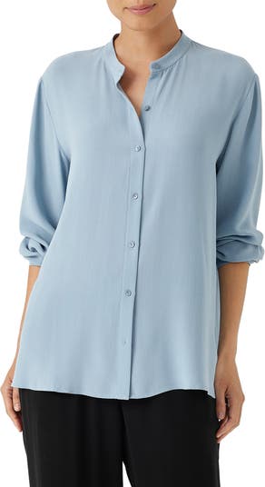 Eileen Fisher Women's Silk Button-Front Long Shirt - Blue - Size Xs