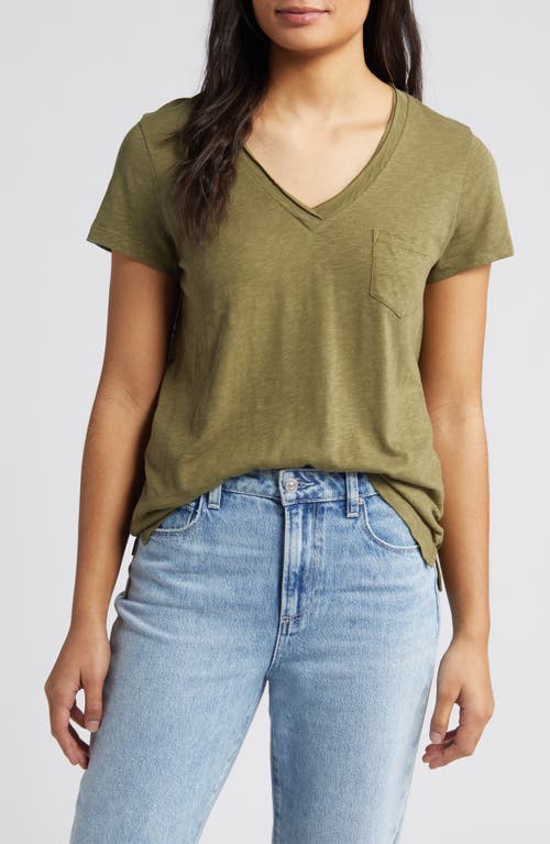 caslon(r) V-Neck Short Sleeve Pocket T-Shirt in Olive Burnt