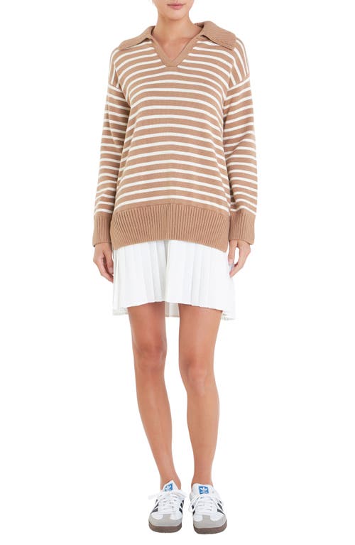 Shop English Factory Stripe Pleated Long Sleeve Mixed Media Sweater Dress In Tan/ivory