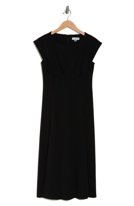Calvin Klein Cap Sleeve A-line Midi Dress In Black