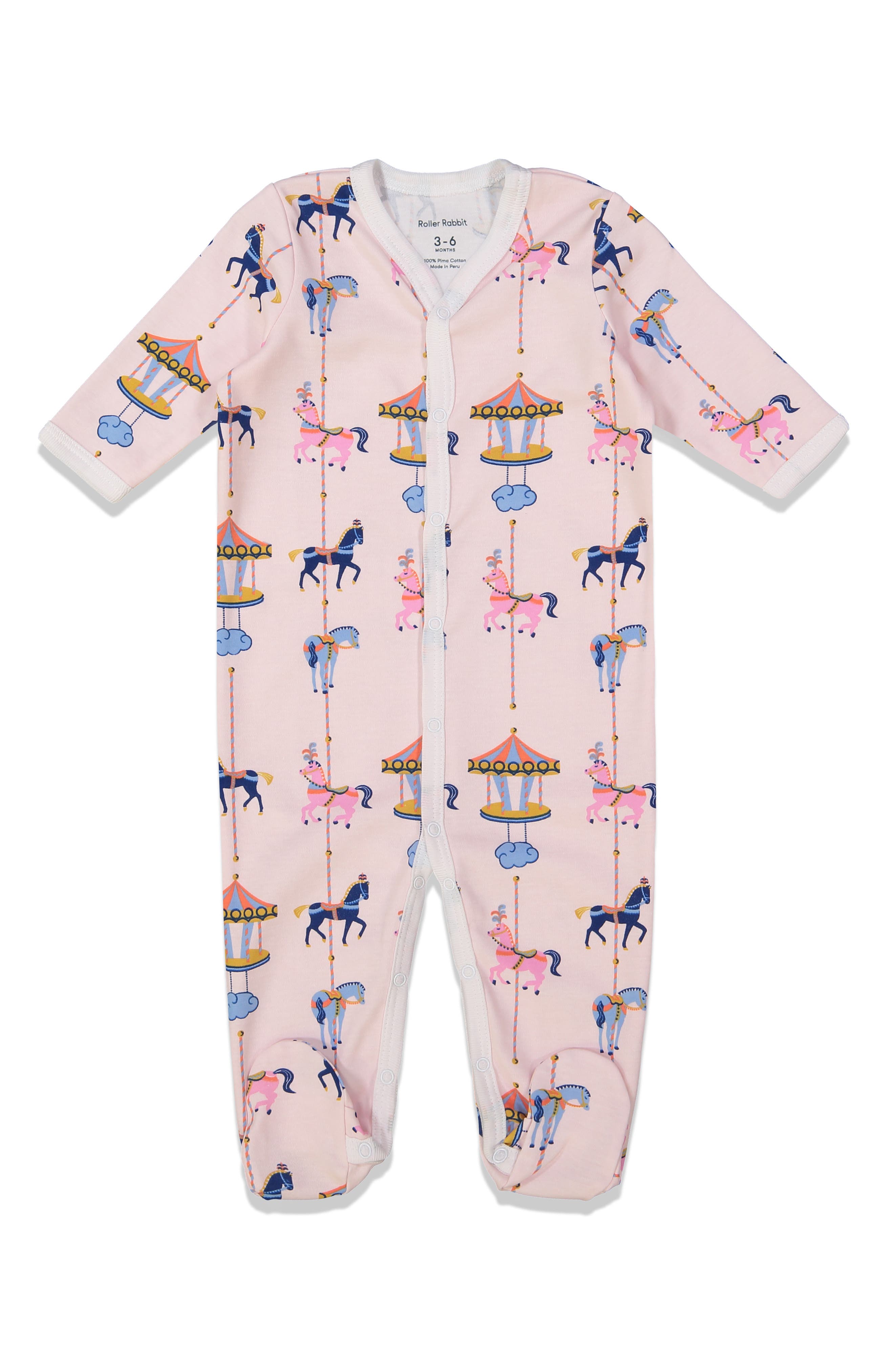 Infant Roller Rabbit Carousel Fitted One-Piece Footie Pajamas, Pink