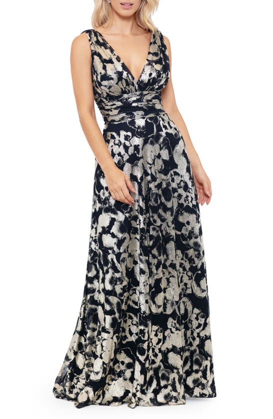Shop Betsy & Adam Foil Print Sleeveless Mesh Gown In Navy/ Gold