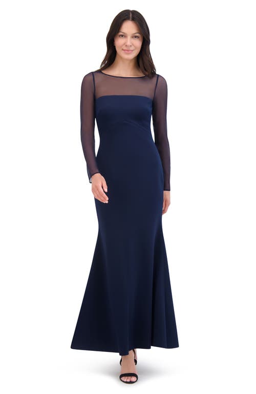 Shop Eliza J Rosette Mesh Trim Long Sleeve Gown In Navy