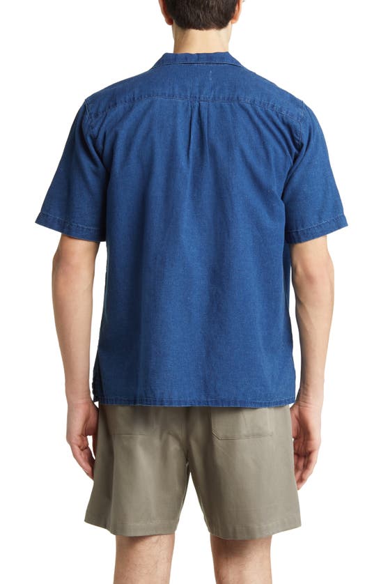 Shop Frame Short Sleeve Cotton & Linen Chambray Camp Shirt In Maritime