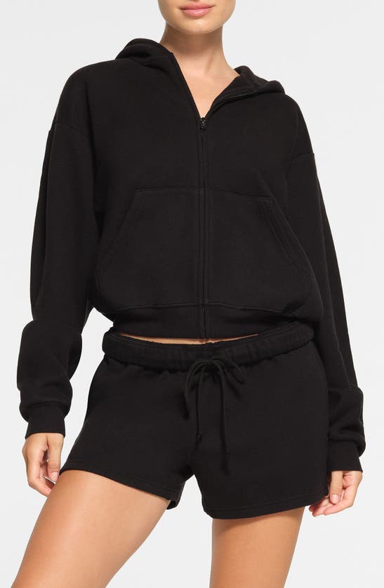 Shop Skims Cotton Blend Classic Fleece Zip-up Hoodie In Onyx