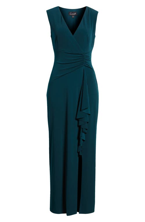 Shop Connected Apparel Cascade Ruffle Sleeveless Jersey Gown In Hunter