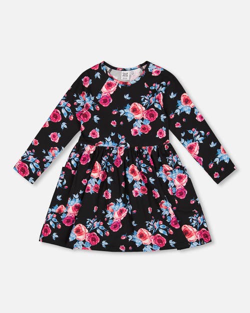 Shop Deux Par Deux Girl's Printed Roses Dress With Pockets Black