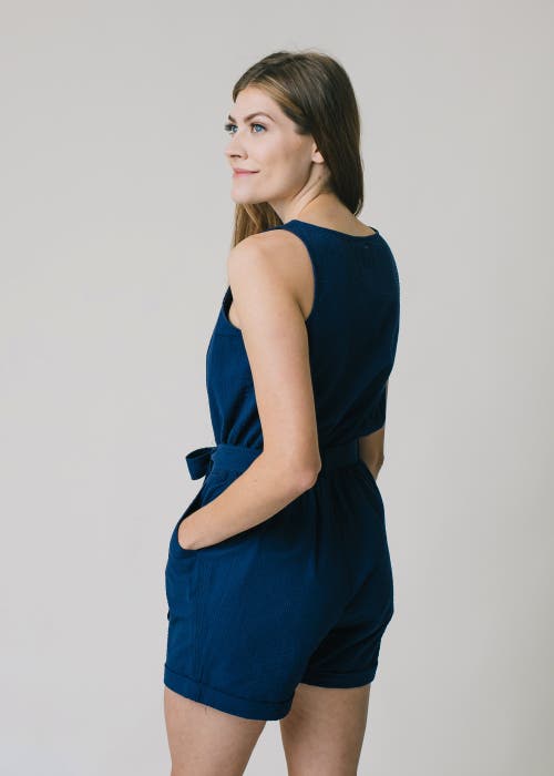 Shop Hope & Henry Organic Seersucker Romper In Navy Seersucker