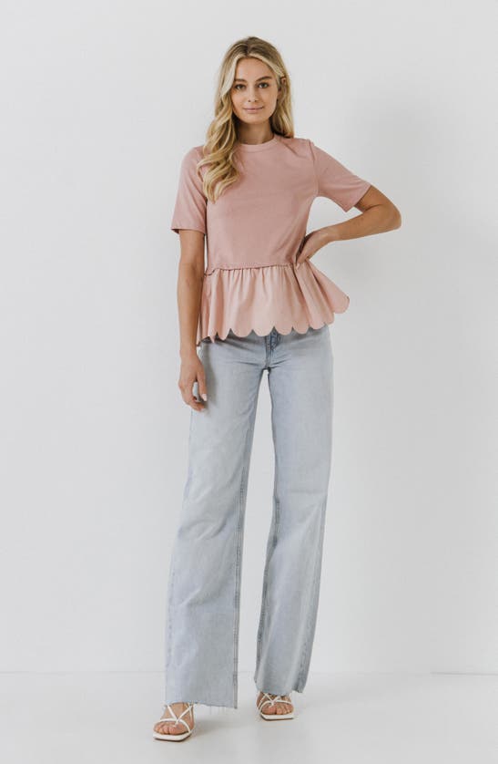 English Factory Mixed Media Scallop Peplum Cotton Top In Dusty Pink