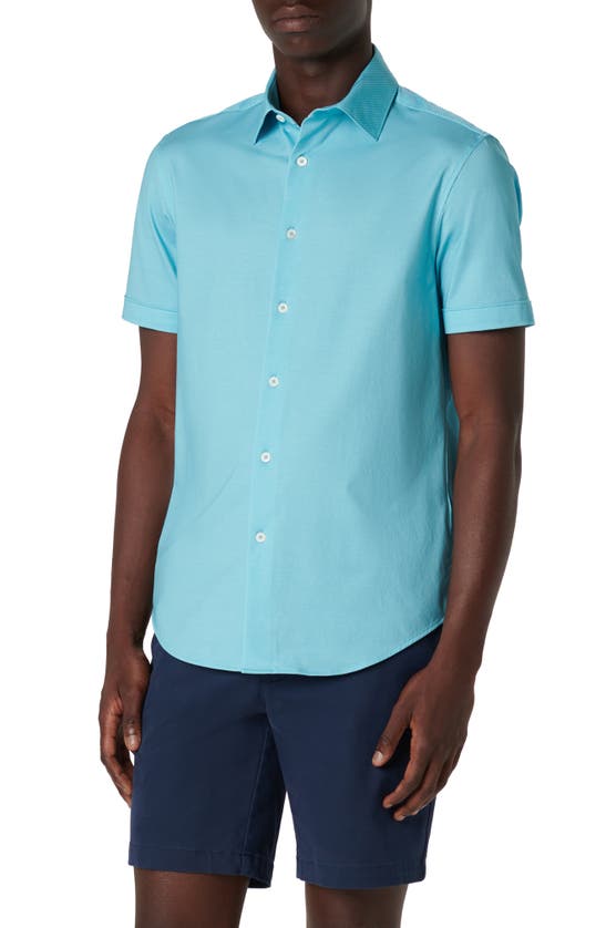 Shop Bugatchi Miles Ooohcotton® Pinstripe Short Sleeve Button-up Shirt In Aqua