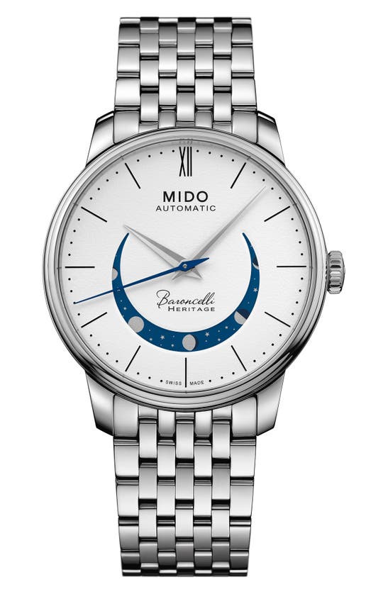 Shop Mido Baroncelli Heritage Smiling Moon Bracelet Watch, 39mm In White