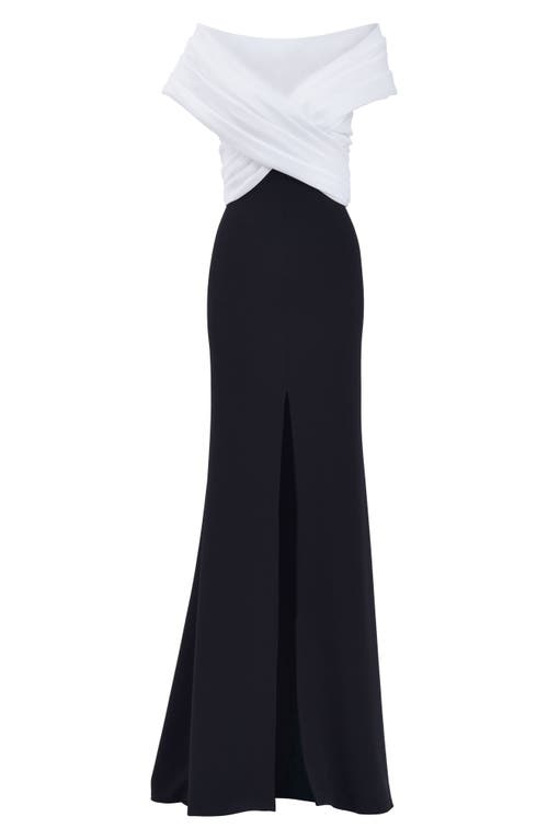 Tadashi Shoji Pleated Two-tone Off-shoulder Gown In Ivory/black