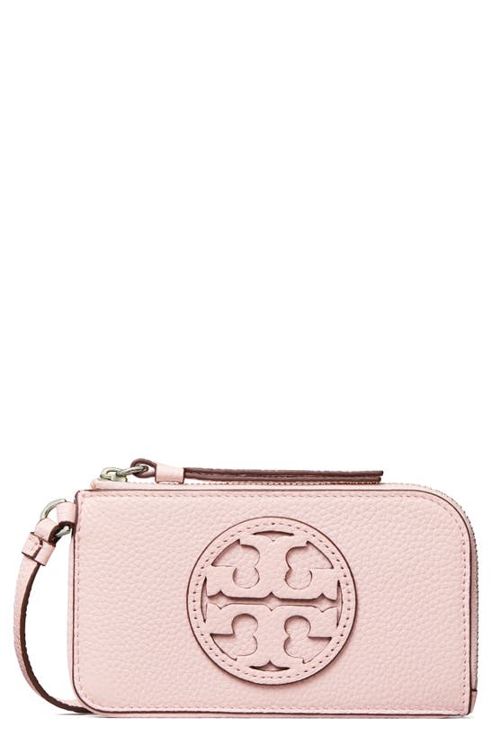 Shop Tory Burch Miller Top Zip Leather Card Case In Cotton Candy