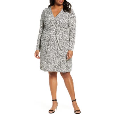 Plus Size Michael Michael Kors Garden Print Center Ruched Long Sleeve Dress, Black