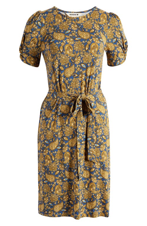 Boden Puff Sleeve Tie Waist Fit & Flare Dress in Harvest Gold Paisley Terrace