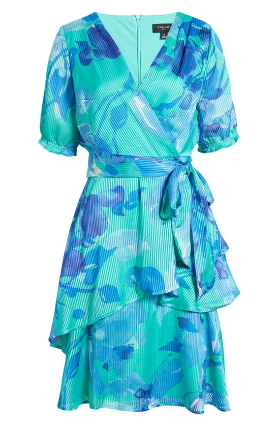 Shop Tahari Asl Floral Shadow Stripe Satin Dress In Teal Multi