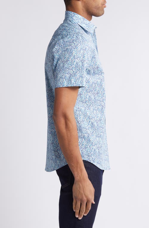 Shop Bugatchi Orson Leaf Print Stretch Cotton Camp Shirt In Aqua Blue