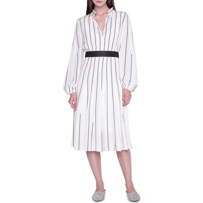 Akris Belted Stripe Long Sleeve Silk Crepe Dress, White